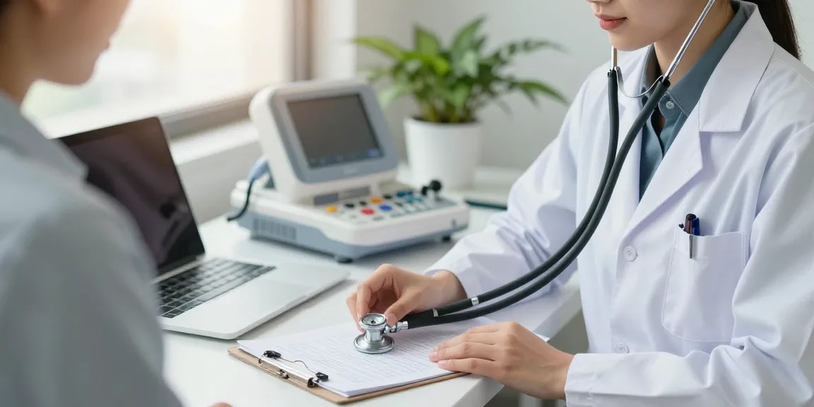Littmann stethoscope worn by a healthcare professional in a modern clinical setting