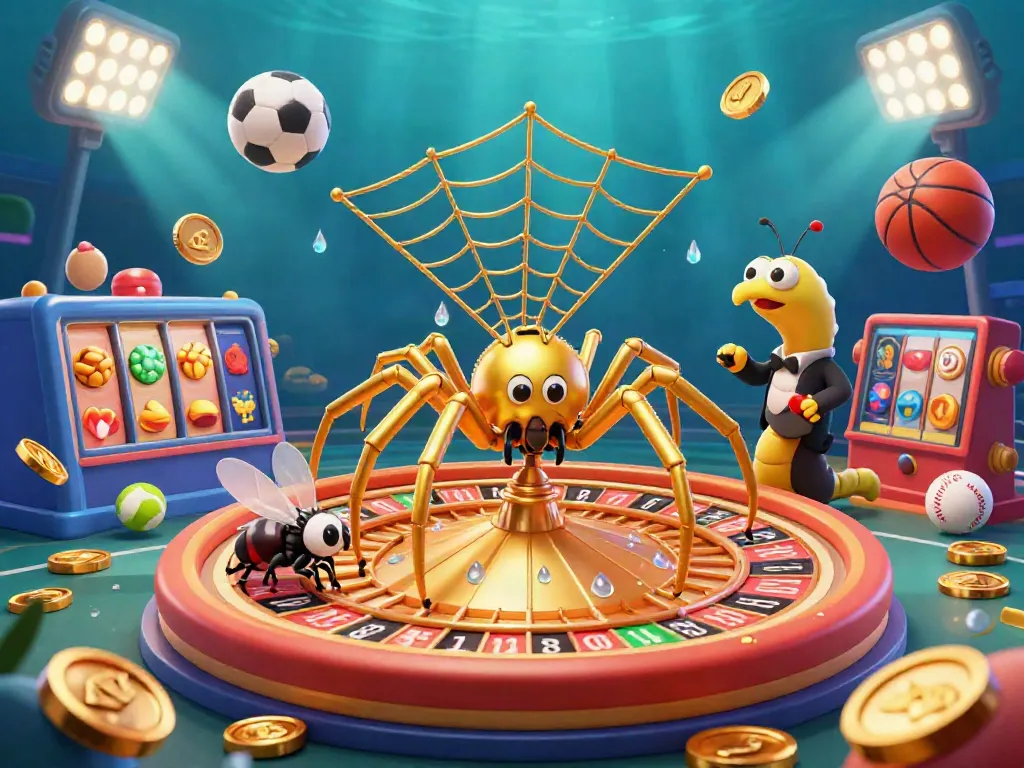 Experience the excitement at situs slot as a golden spider weaves a roulette wheel with dynamic game elements and lively atmosphere.