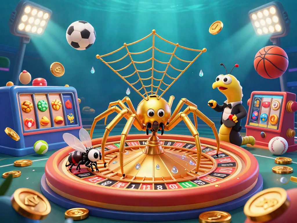 Experience the excitement at situs slot as a golden spider weaves a roulette wheel with dynamic game elements and lively atmosphere.