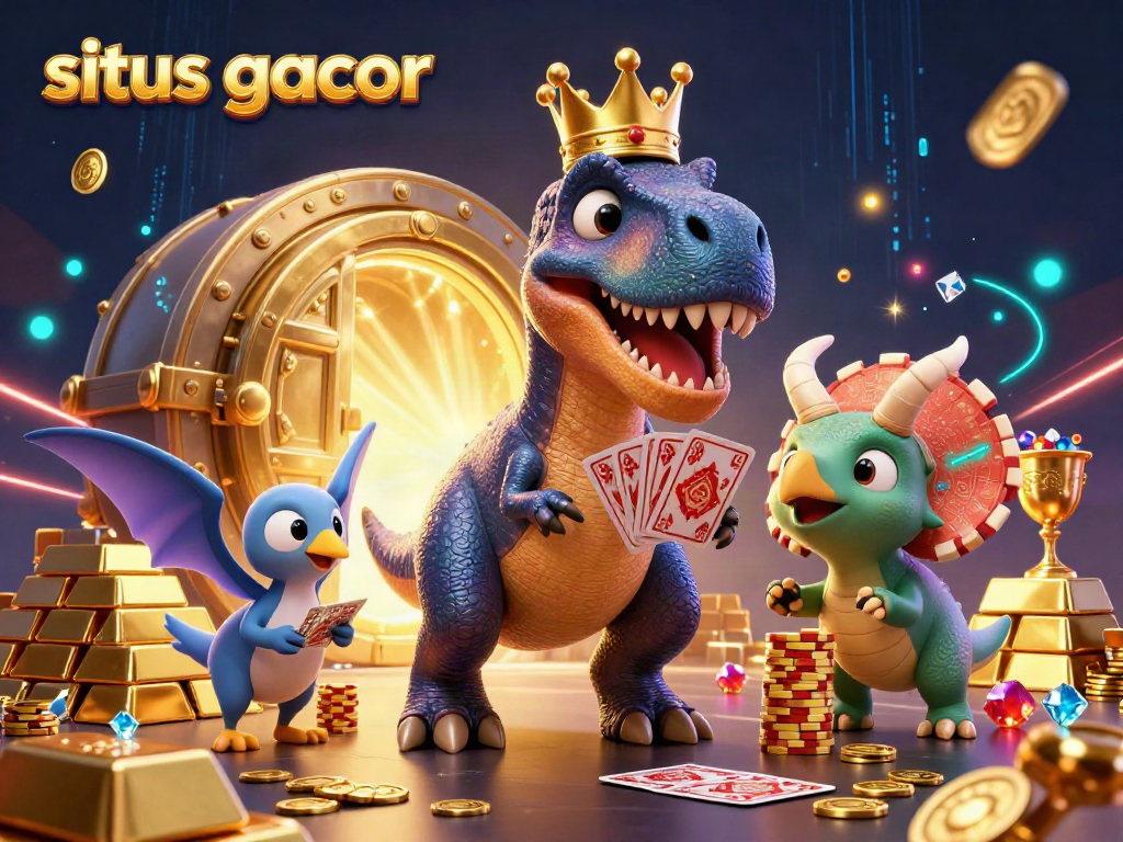 Situs gacor scene illustrates a friendly T-Rex shuffling cards with colorful gems and gold elements around.