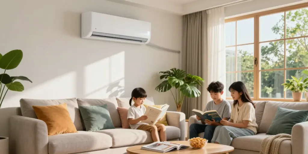 Cozy living room with a split ac unit providing comfort and relaxation for the family.