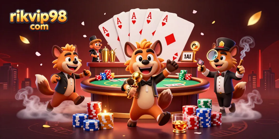 Experience the excitement at rikvip98 com with lively hyenas in a dynamic casino scene, showcasing poker and drinks.